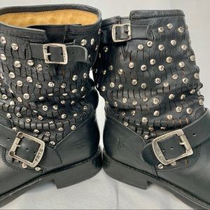 Frye Jenna Black Silver Studded Moto Boot 7 EUC